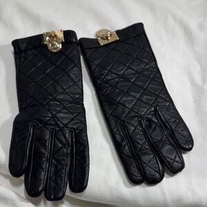 Michael Kors Black Quilted Leather Gloves with Gold Accents